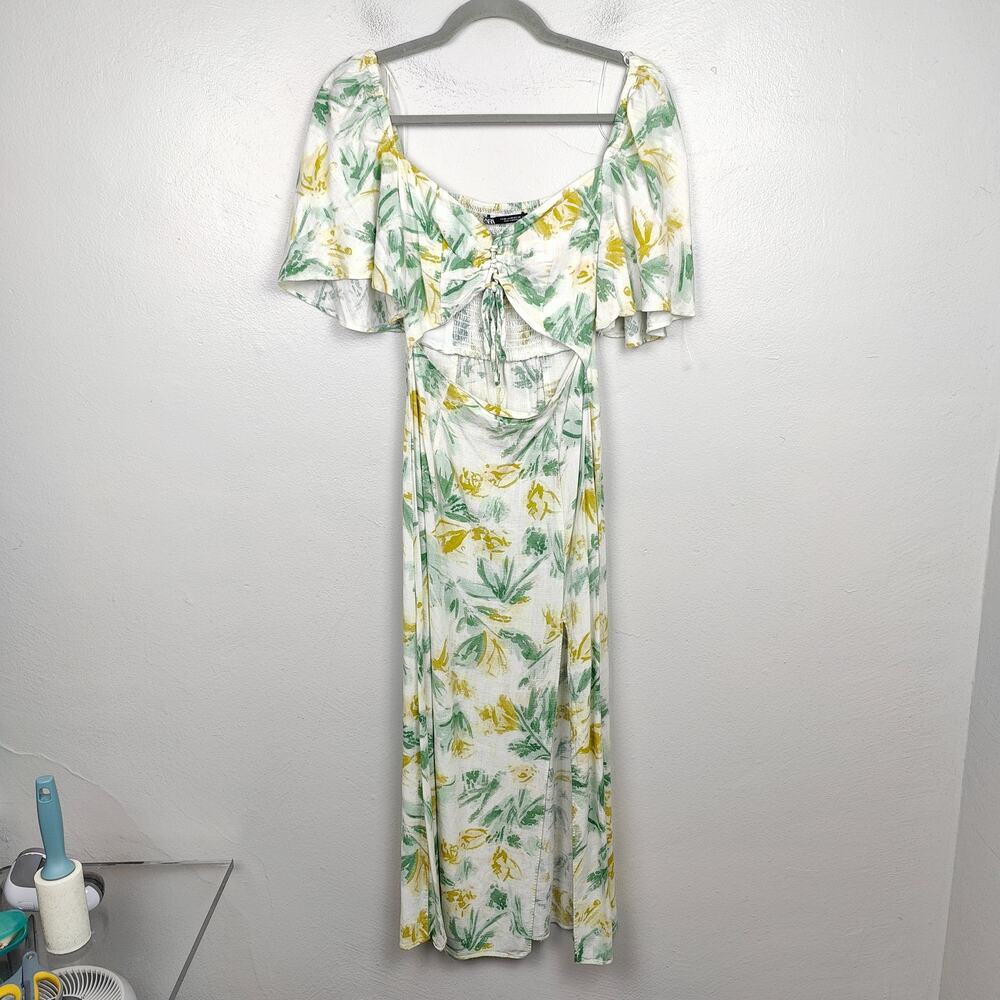 Zara Cutout Midi Dress Women XS White Floral Print Beachy Linen Slit White Lotus